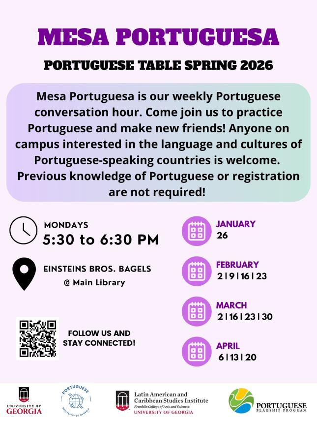 Poster with dates for the Portuguese Table during Spring 2026.