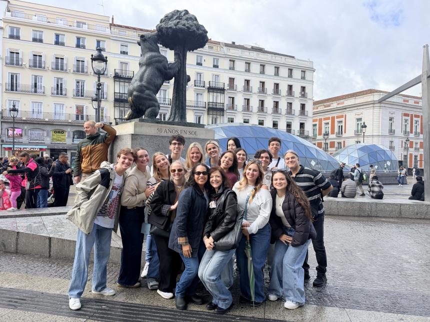 Students pose in Sol in Madrid