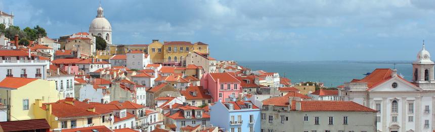 A shot of the city of Lisbon's rooftops by the sea